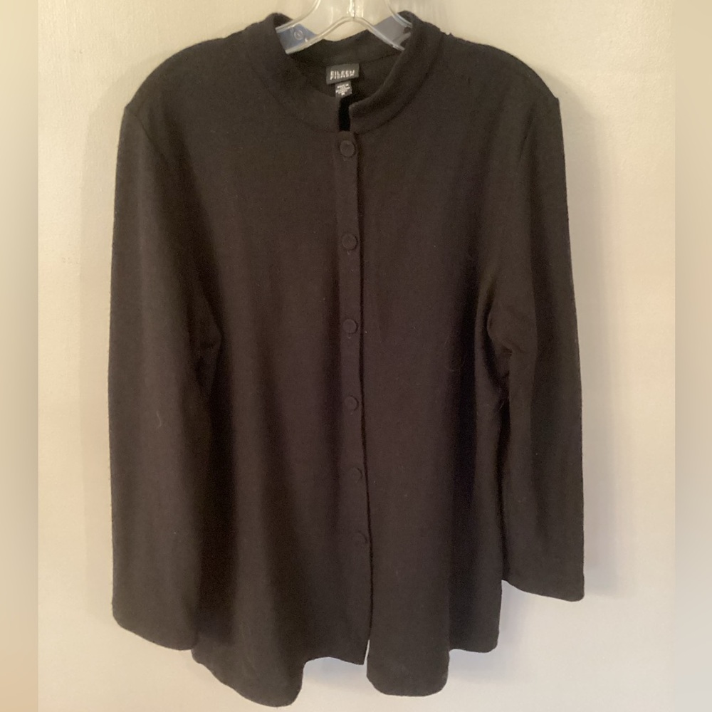 EILEEN FISHER VINTAGE MED BLACK WOOL MANDARIN COLLAR LONG LINE SWEATER JACKET